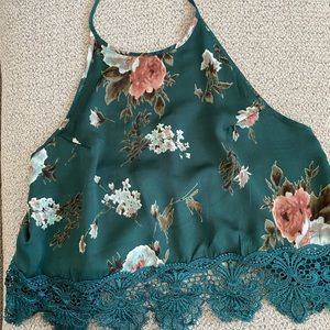 Green Floral Silk Halter Crop Top